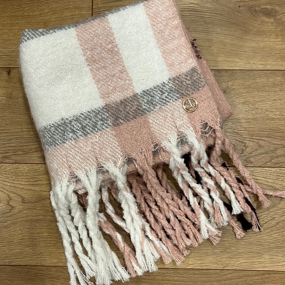 Calvin Klein Accessories - Calvin Klein Cozy Plaid Pink Scarf with Fringe